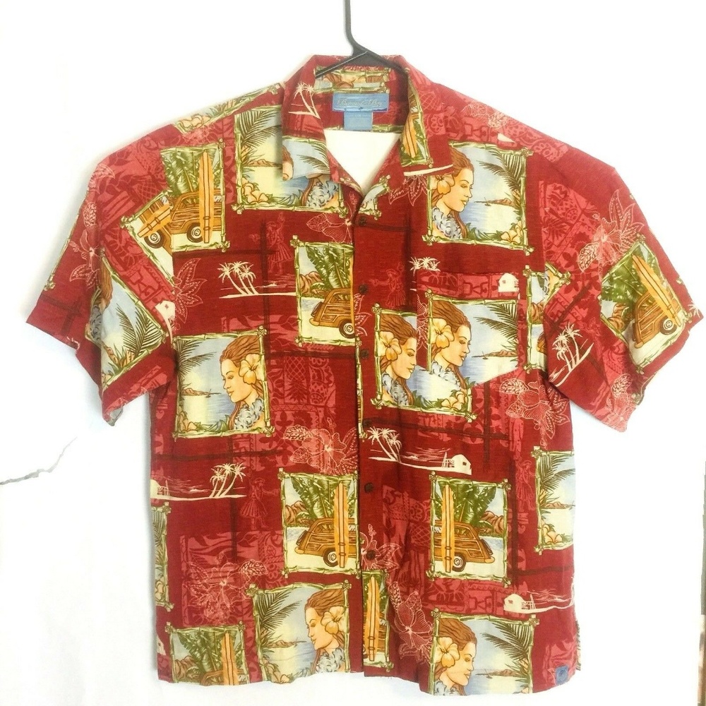 Bermuda Bay Hawaiian Silk Shirt Red Floral Island